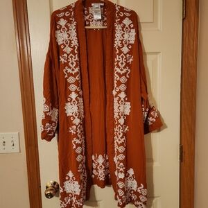 Women’s Chicos Embroidered Terracotta Kimono Cardigan Size L/XL Pockets Boho